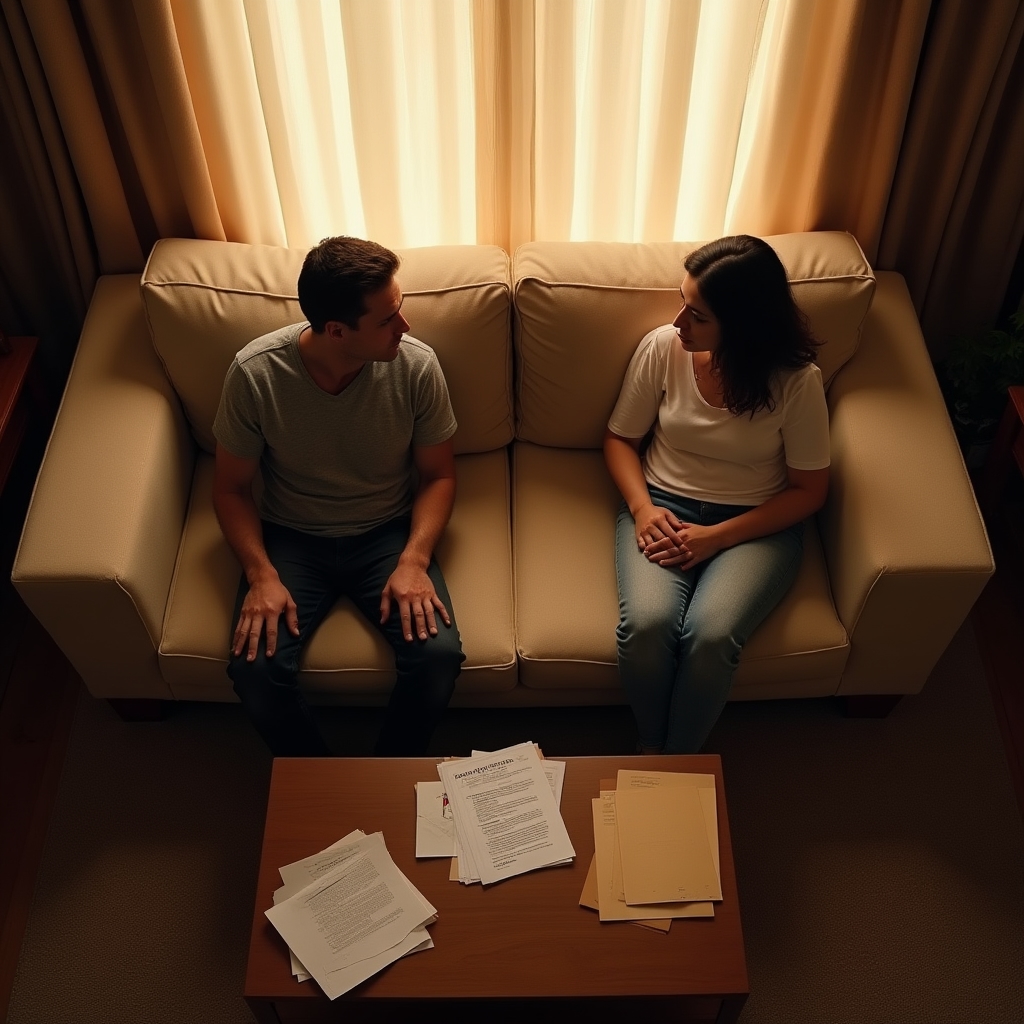 Pareja sentada en silencio en un sofá, evitando mirarse mientras hay documentos financieros sobre la mesa
